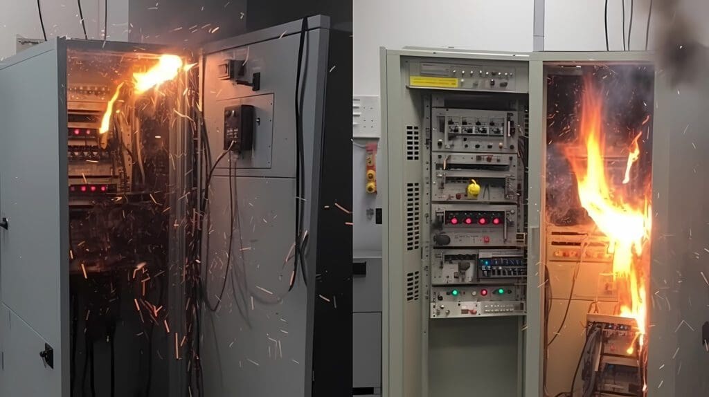 Industrial Electrical panel on fire, short circuit and junction cable box fire in house apartment or factory.